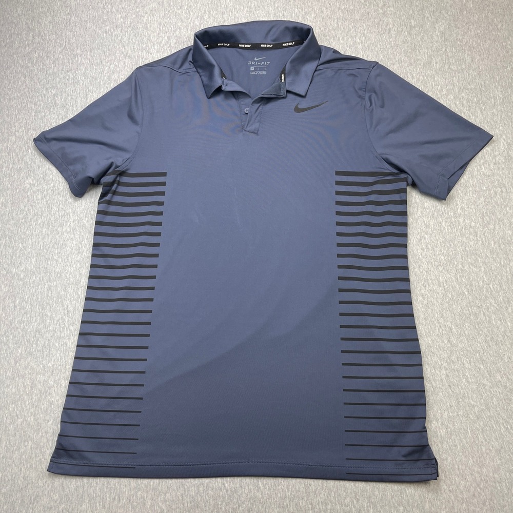 Nike Golf Dri-FIT Mens Blue Gray Striped Side Polo Shirt 890091-471 Medium